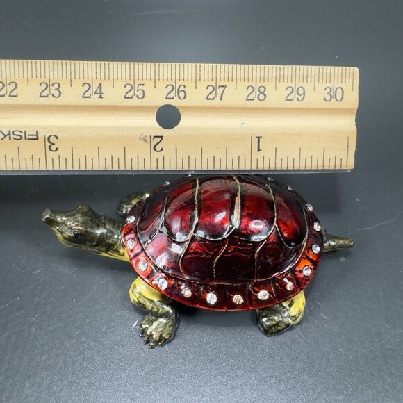 VTG Turtle Red Shell Enamel Over Metal Bejeweled Hinged Trinket Box Pill Box - Picture 2 of 10